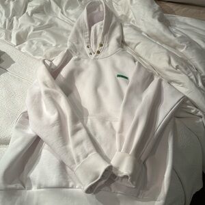PE nation white hoodie with neon back and gold button snaps